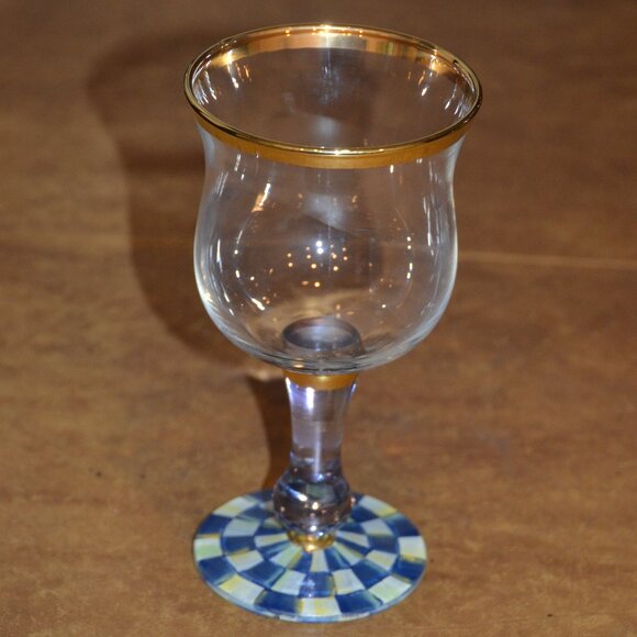 RARE RETIRED DESIGNER MACKENZIE CHILDS BLUE ROYAL CHECK GOLD WINE GLASS GOBLET - Picture 1 of 10